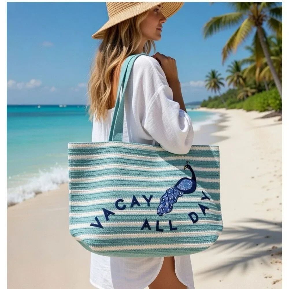 Vera Bradley NEW Straw Tote Bag Peacock Garden Vacay All Day Teal White Striped